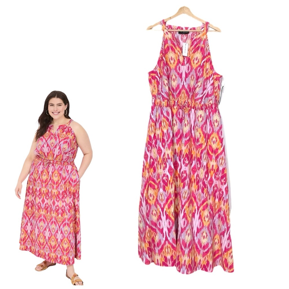 Lane Bryant Split-Neck Tie-Waist Maxi Dress Size 16 NWT Pink Yellow Ikat Summer